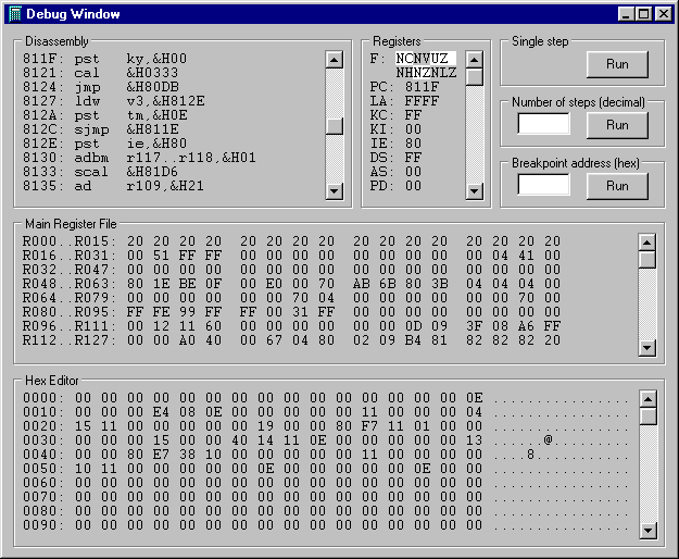 The debug window of the FX-7500G emulator