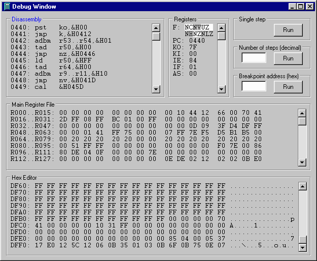 Okno debugera emulatora FX-8000G