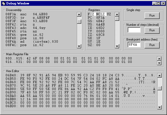 Okno debugera emulatora PB-1000