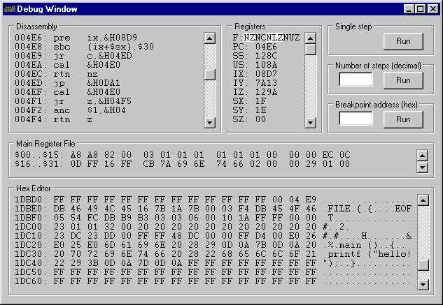 Okno debugera emulatora PB-2000C