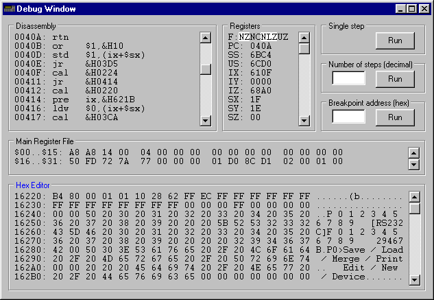 Okno debugera emulatora VX-3